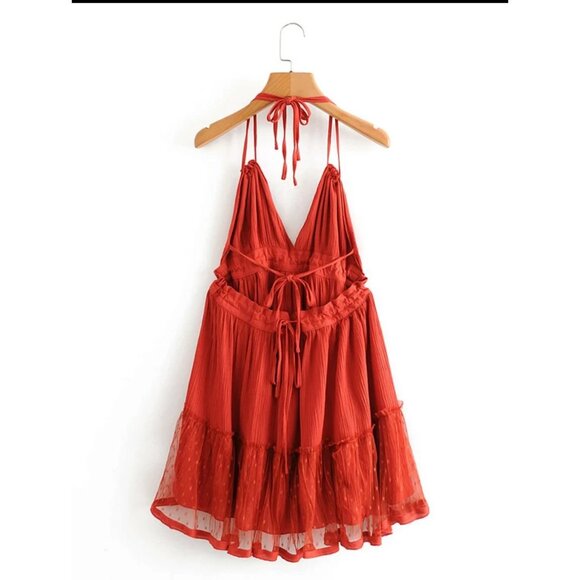 Tie back halter mini dress backless lace layered polkadot scarlet orange boho - Picture 3 of 8